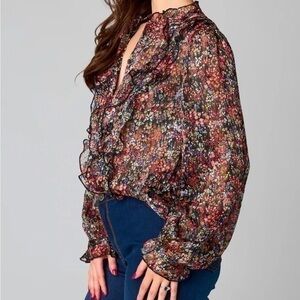 ▶️ Buddy Love ◀️ Floral Ruffled Sheer Blouse. Size Small